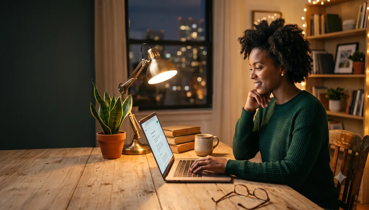 IT professional studying on a laptop at a home desk in the evening