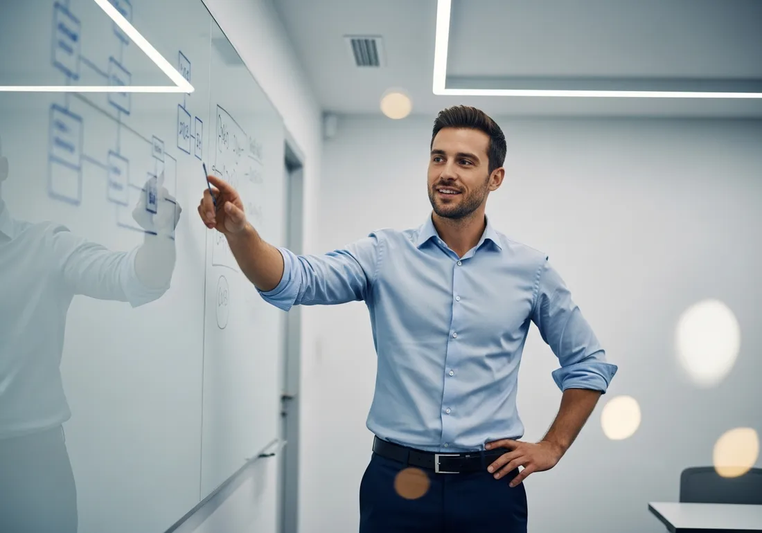 Male IT instructor in a light blue shirt pointing at a whiteboard in a training room